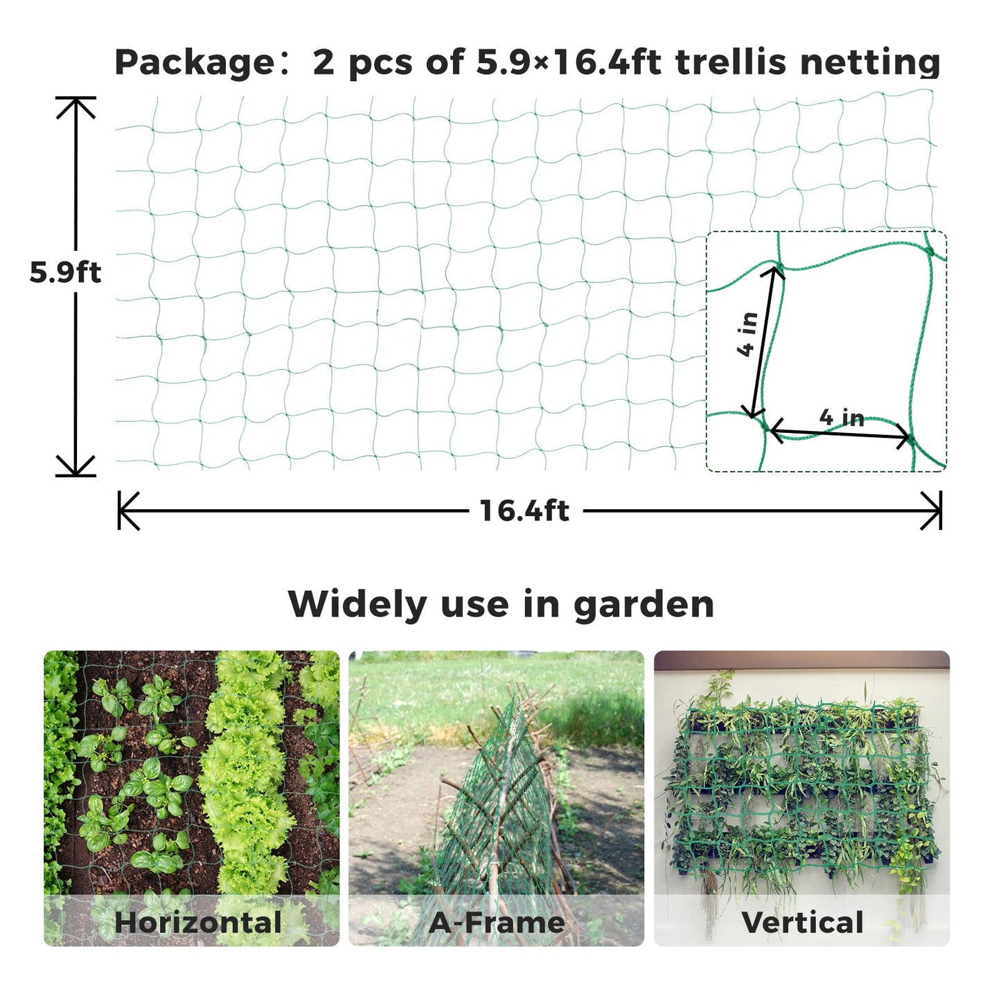 Kikhope Trellis Netting for Climbing Plants, 2 Pack 5.9 ft x 16.4 ft Heavy Duty Garden Trellis Netting for Cucumber, Vine, Tomato, Plants Trellis Net for Climbing Vine Plants Fruits & Vegetables