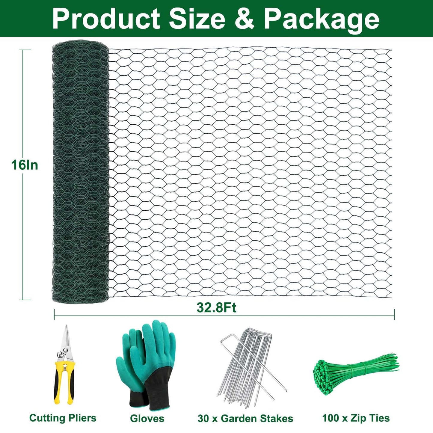 32.8Ft x 16In Plant Protectors from Animals, Wire Plant Protector Cage, Metal Chicken Wire Fence for Garden Plant Protection Guards from Rabbits Squirrel Deer, with Stakes, Zip Ties, Gloves & Pliers