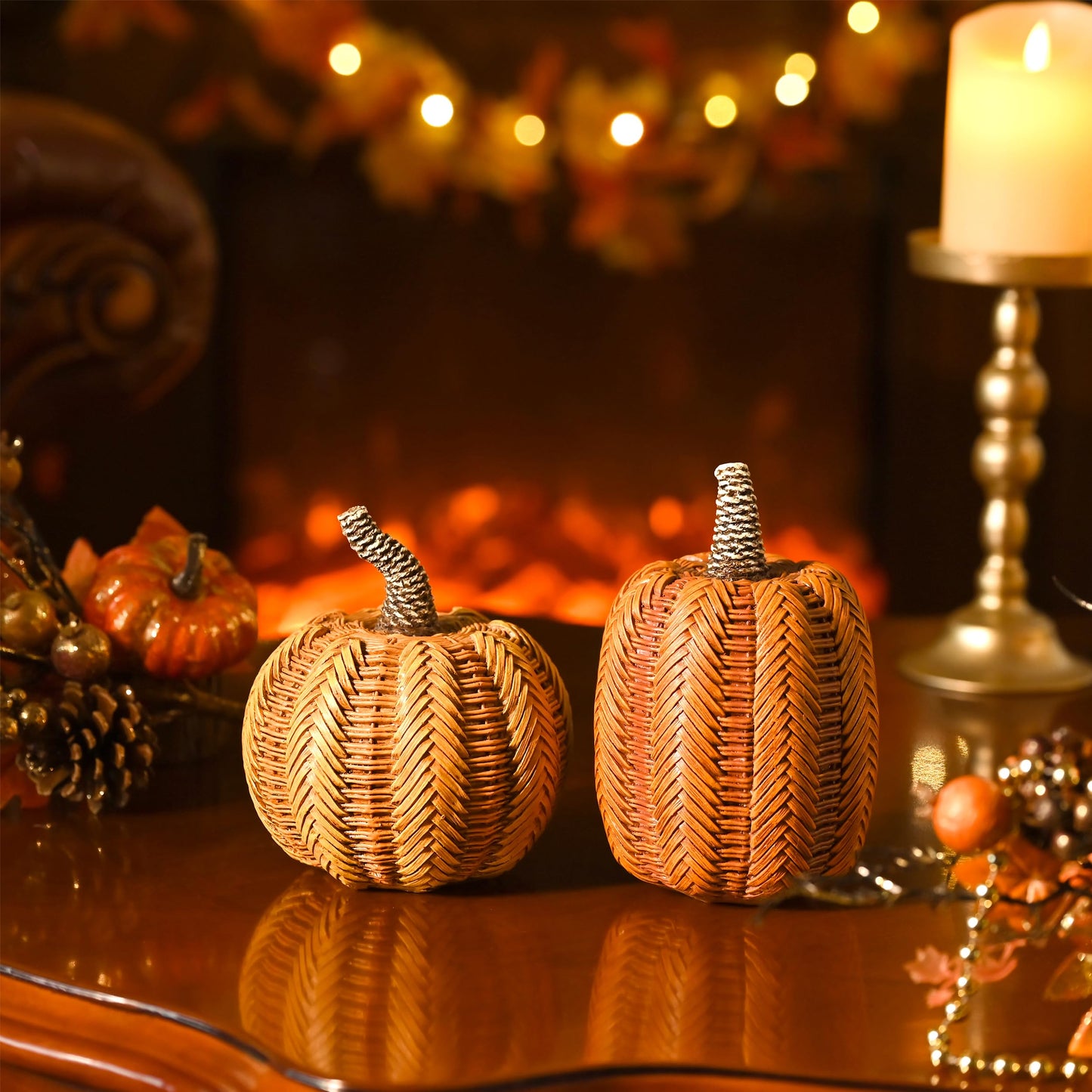 Valery Madelyn Thanksgiving Fall Decoration for Home Pumpkin Decor, 2pcs Resin Statue Artificial Rattan Pumpkins Figurine, Autumn Harvest Halloween Table Centerpieces, 6.2 inch