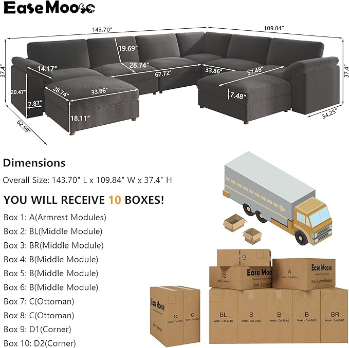 EASE MOOSE Oversized Sectional Modular Sofa, Large U Shape Sectional Couch Wide