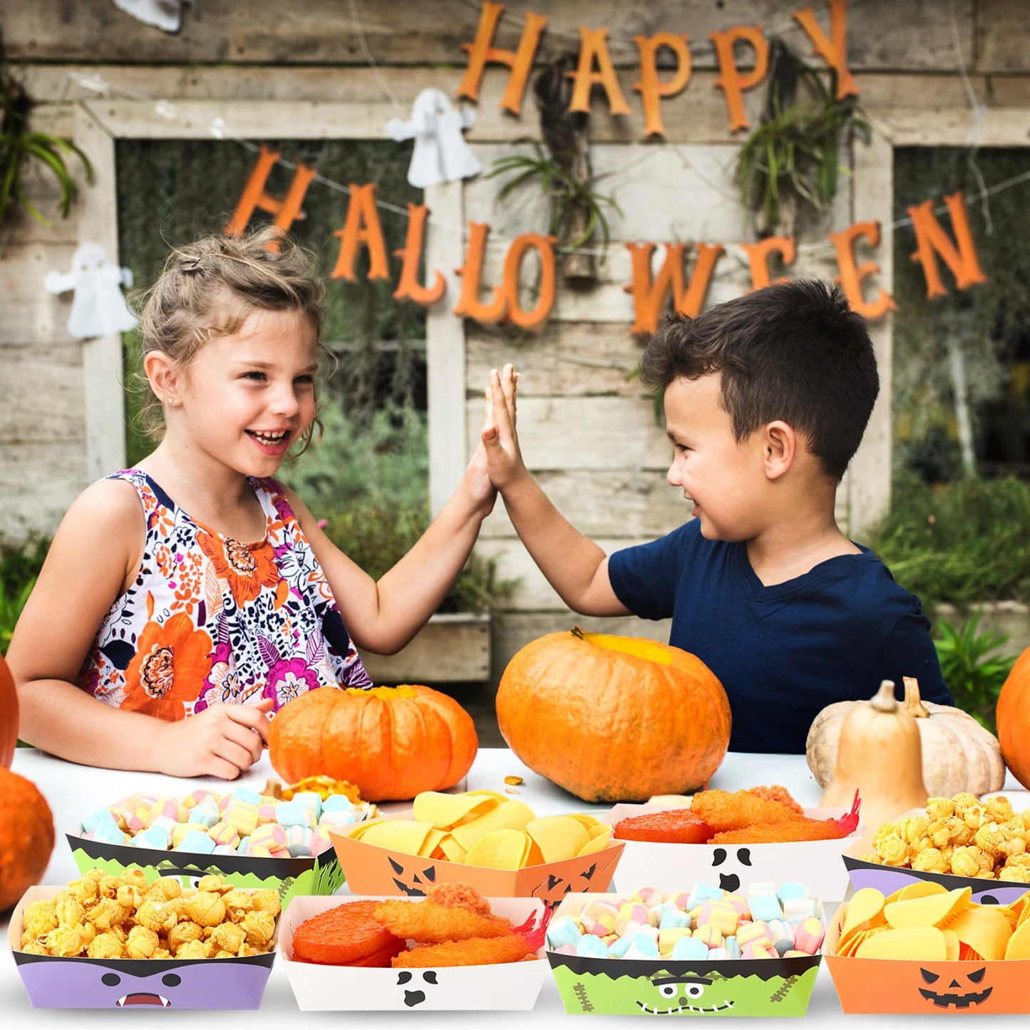 Dunzoom 36 Pcs Halloween Paper Food Trays Disposable Bowls Grease Resistant Pumpkin Monsters Ghost Food Boats Dessert Plates Nacho Snack Hot Dog Serving Tray for Halloween Party Supplies Decorations
