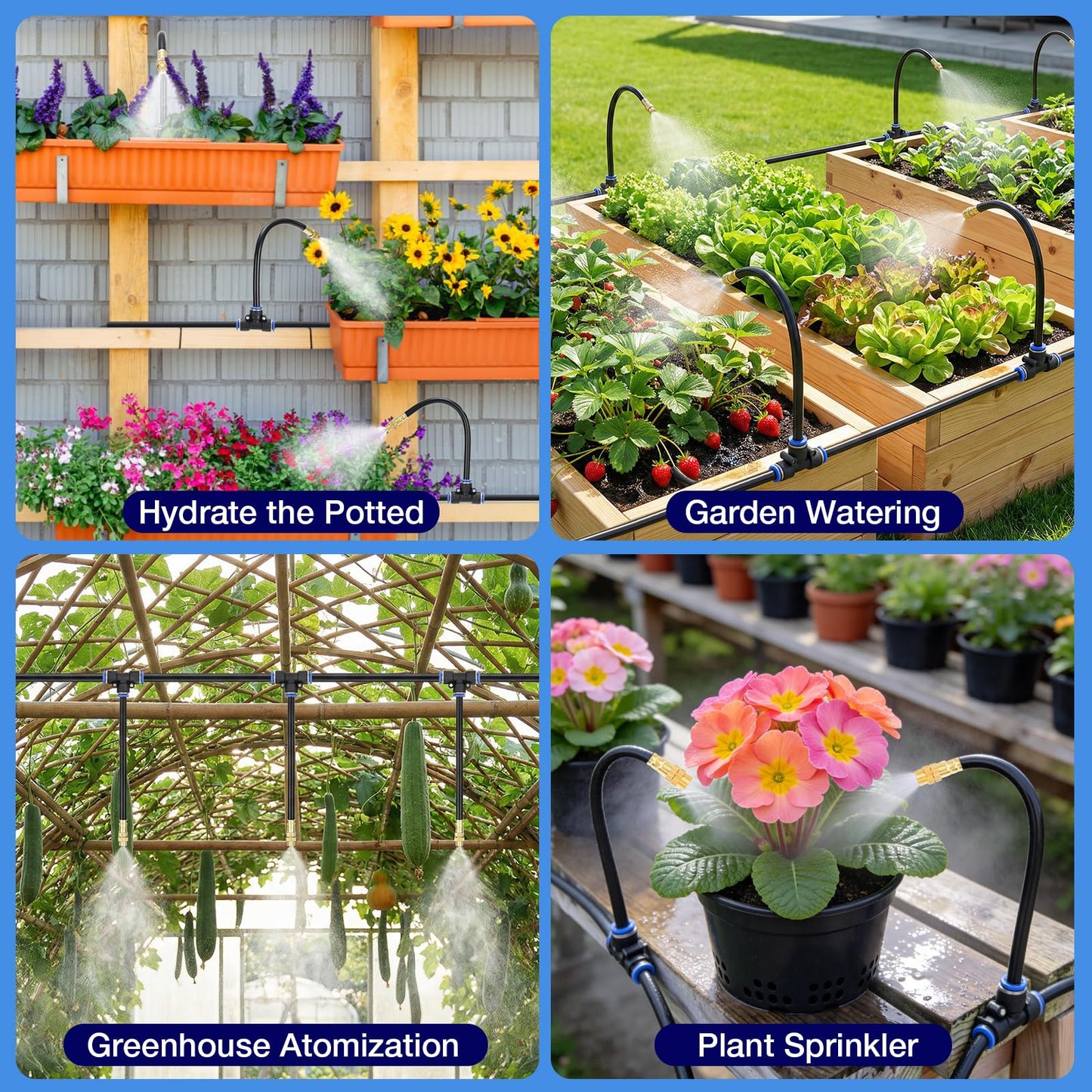 60FT Drip Irrigation Kit, 6mm Hose with Dual Outlet Splitter with Independent Valves & 15 360° Adjustable Brass Nozzles & 18 Snap-On Tees, DIY Automatic Watering for Greenhouse, Raised Beds, Garden