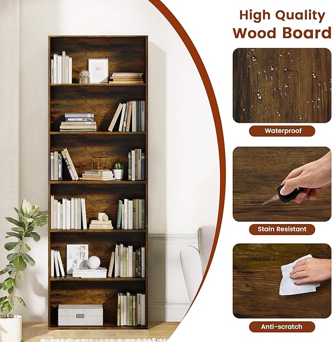 GRUSIGN 71" Tall 6-Tier Bookshelf, Large Open Display Bookcase