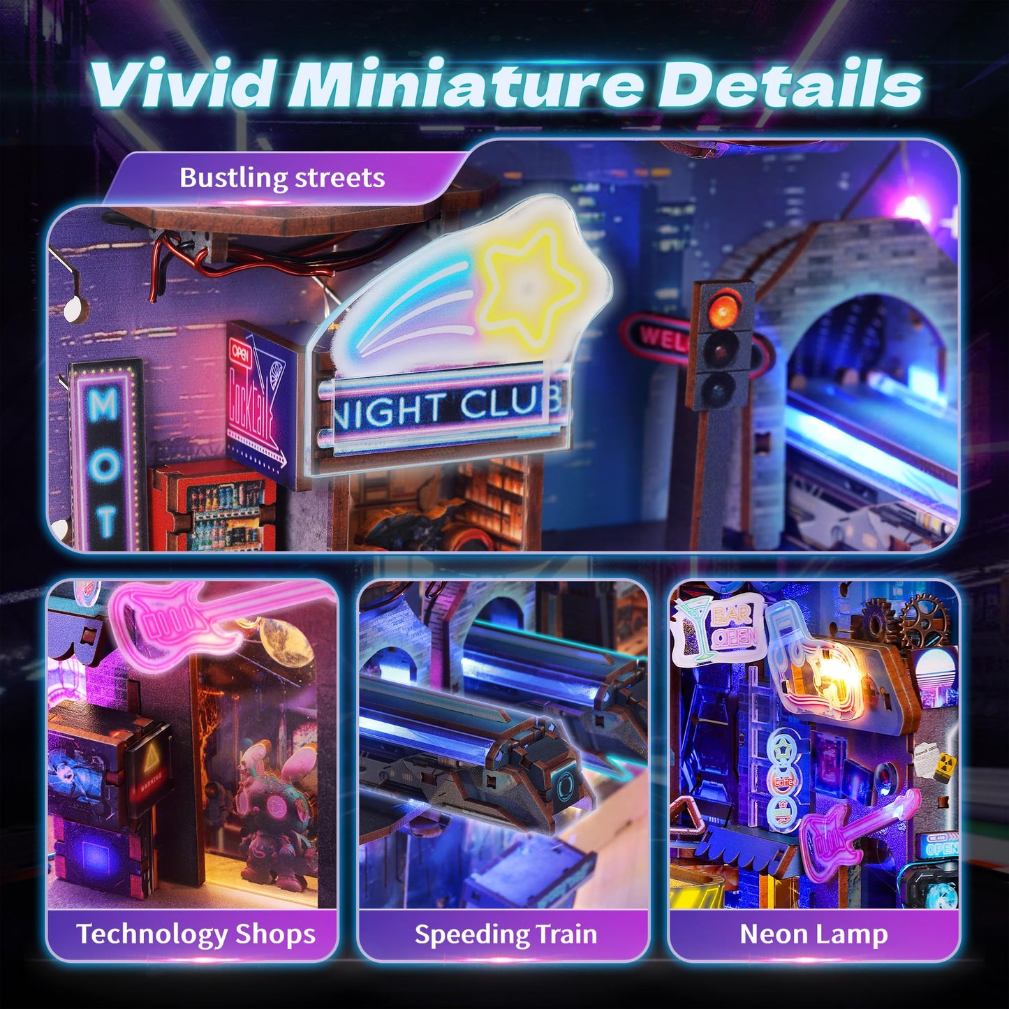 FUNPOLA 3D Wood Puzzle Book Nook Kit, Futuristic Miniature Bookshelf Insert with LED Lights, DIY Cyberpunk Bookend Décor for Display, Unique Craft for Adults and Teens (Endless Dimensions)