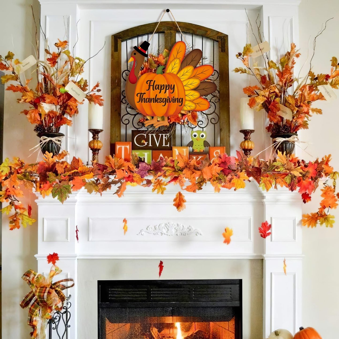 Thanksgiving Decoration Wooden Turkey Pumpkin Door Wreath for Front Door Sign Wall Signs, Thankful Blessed Grateful Pumpkin Sign Hanging for Fall Autumn Harvest Home Halloween Decoration