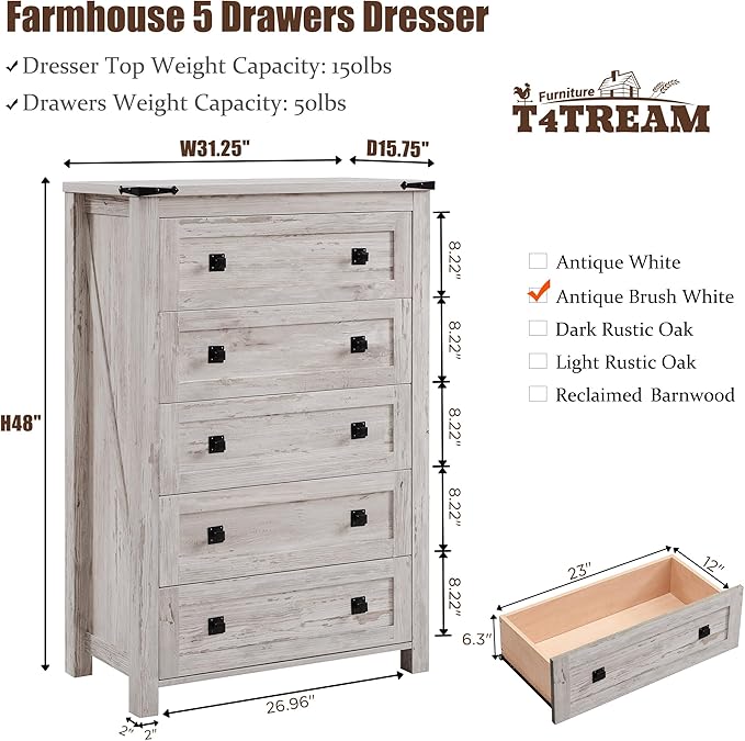 T4TREAM Farmhouse 5 Drawers Dresser Chests