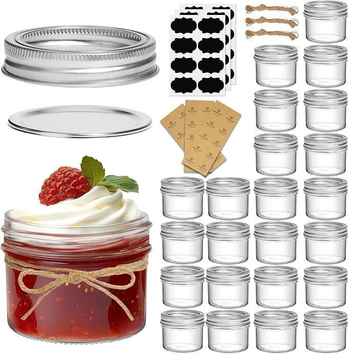 ComSaf Small Regular Mouth Mason Jars Bulk 4oz 24PCS Mini Mason Containers, Small Canning Jars, 4 oz Glass Jar with Lids for Mustards, Dipping Sauces, Jelly, DIY Candle Decor, Wedding Shower Favors