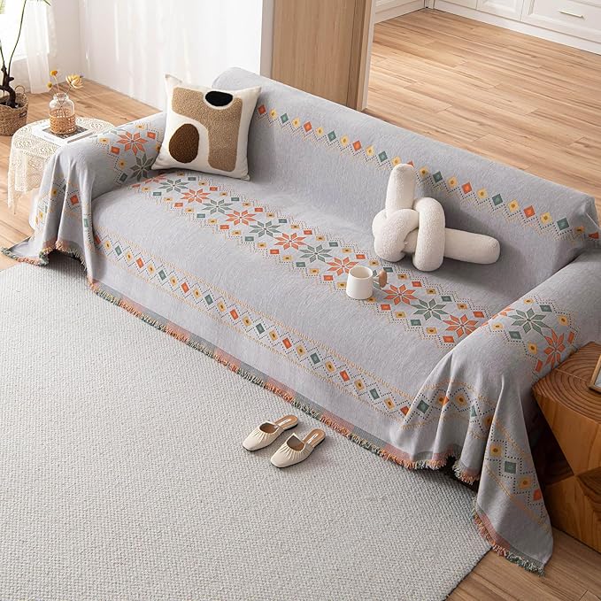 DREAMINGO Boho Couch Cover Grey Chenille Sofa Protecor