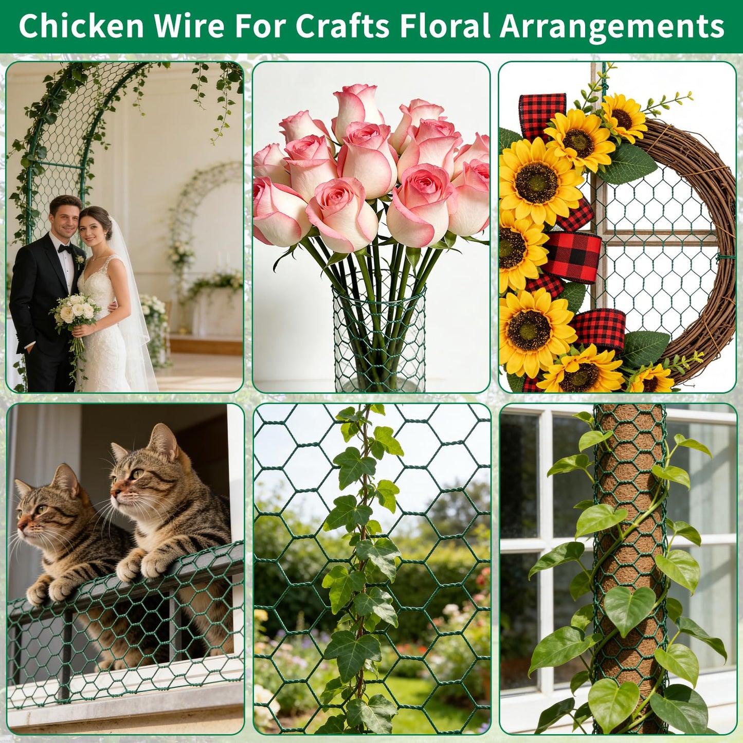 Jcmbreltik Chicken Wire Fencing, Plant Protectors from Animals DIY Kit with Accessories, 15.7x197 Inch Flexible Floral Chicken Wire for Garden & Floral Arrangements