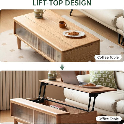 Wood Lift Top Coffee Table, 100% Solid Oak Wood Log Color Coffee Table with Glass Sliding Door, Rectangular Coffee Tables with Storage for Living Room Home Decor(47.24" W)