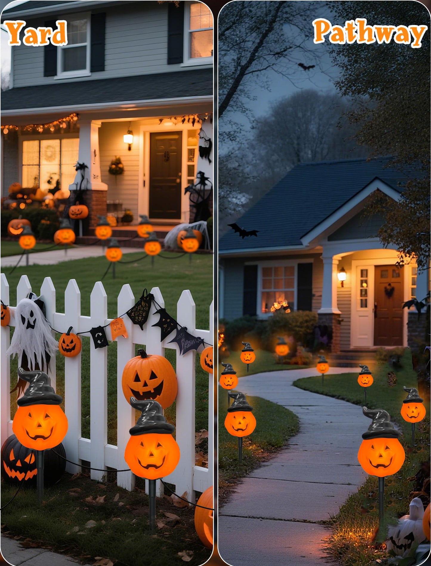 Oviejo Halloween Decorations Outdoor C7 Halloween Pumpkin Pathway Stake Lights, 7Ft Jack-o-Lantern Garden Light with 4 C7 LED Bulbs, Pathway String Lights for Outdoor Garden Walkway Party Lighting