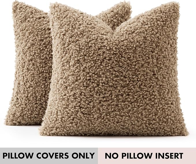 Faux Fur Throw Pillow Covers 24x24 Inch Set of 2 Boucle Neutral Decorative