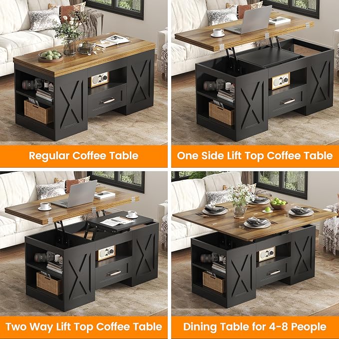 kepptory 39.4'' Lift Top Coffee Table with Storage, 4 in 1 Multi-Function Convertible Coffee Tables for Living Room, Farmhouse Coffee Table with Open Storage Compartment & Drawers (Brown&Black)