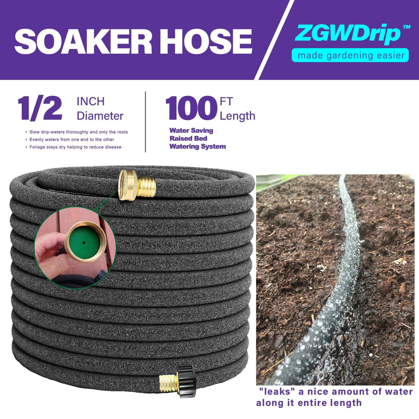 ZGWDrip 100FT 1/2" Water-Saving Soaker Hose with Solid Brass Connectors, Drip Irrigation Kit for Lawn & Landscaping with Metal Ground Stake & Accessory Kit