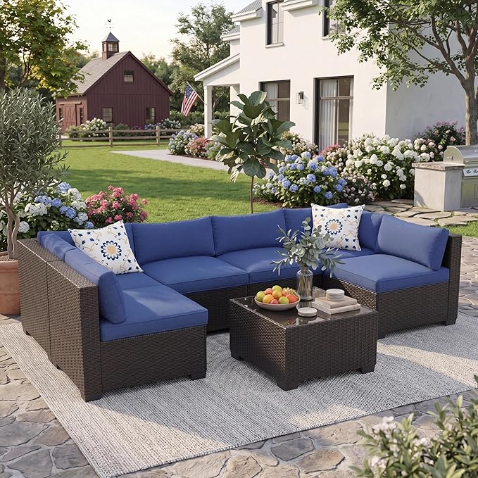 GarveeHome 7-Piece Modular Outdoor Patio Set, Sectional Rattan Wicker Sofa