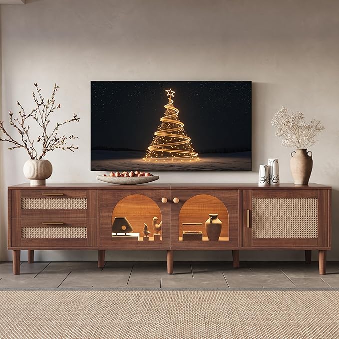 Merax Rattan TV Stand with LED Lights, Solid Wood Feet, Living Room, Bedroom