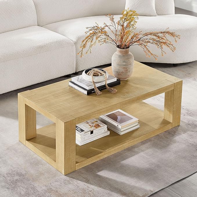 Modern 48 Inch Rectangular Coffee Table, 2-Tier Wood Veneer Living Room Center