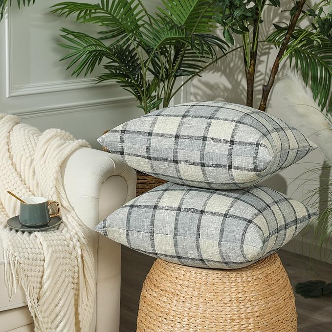 Stellhome Pack of 2 Linen Buffalo Check Throw Pillow Covers, Farmhouse Plaid