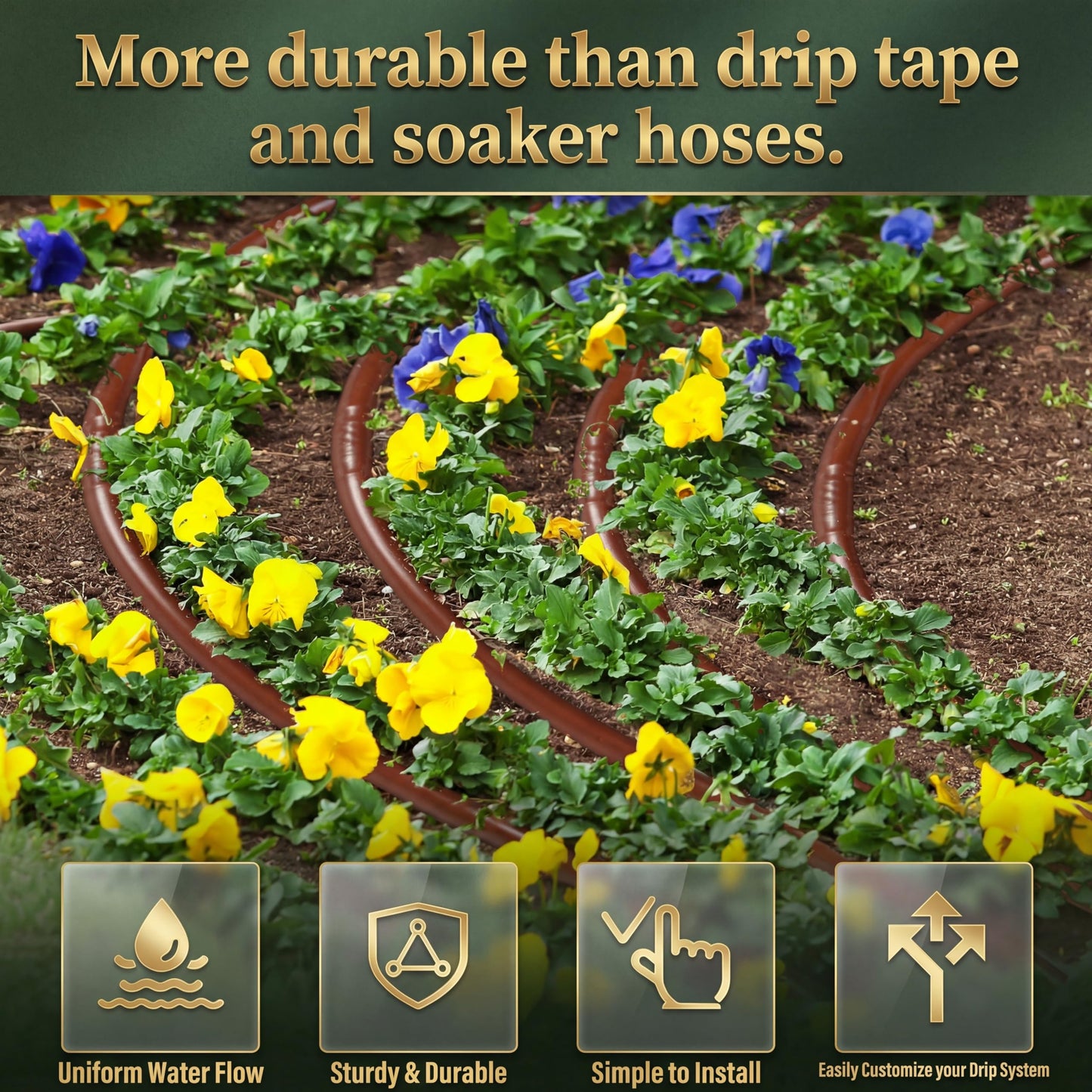 Innconee 100 ft 1/4 Inch Drip Irrigation Tubing with 6" Emitter Spacing Brown Hydroponics Dripline Hose Irrigation Drip Line Emitter Tubing Parts for Gardens Greenhouses Bed Flower Efficient Watering