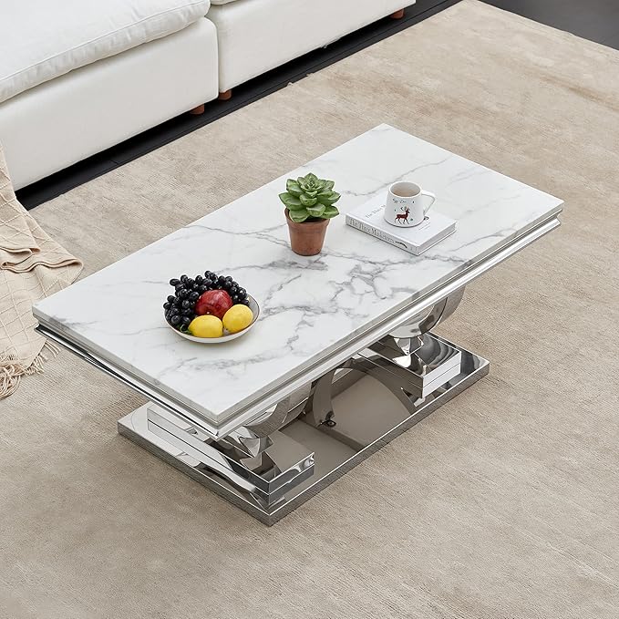 Henf 47" Marble Coffee Table Modern White Faux Marble Center Table