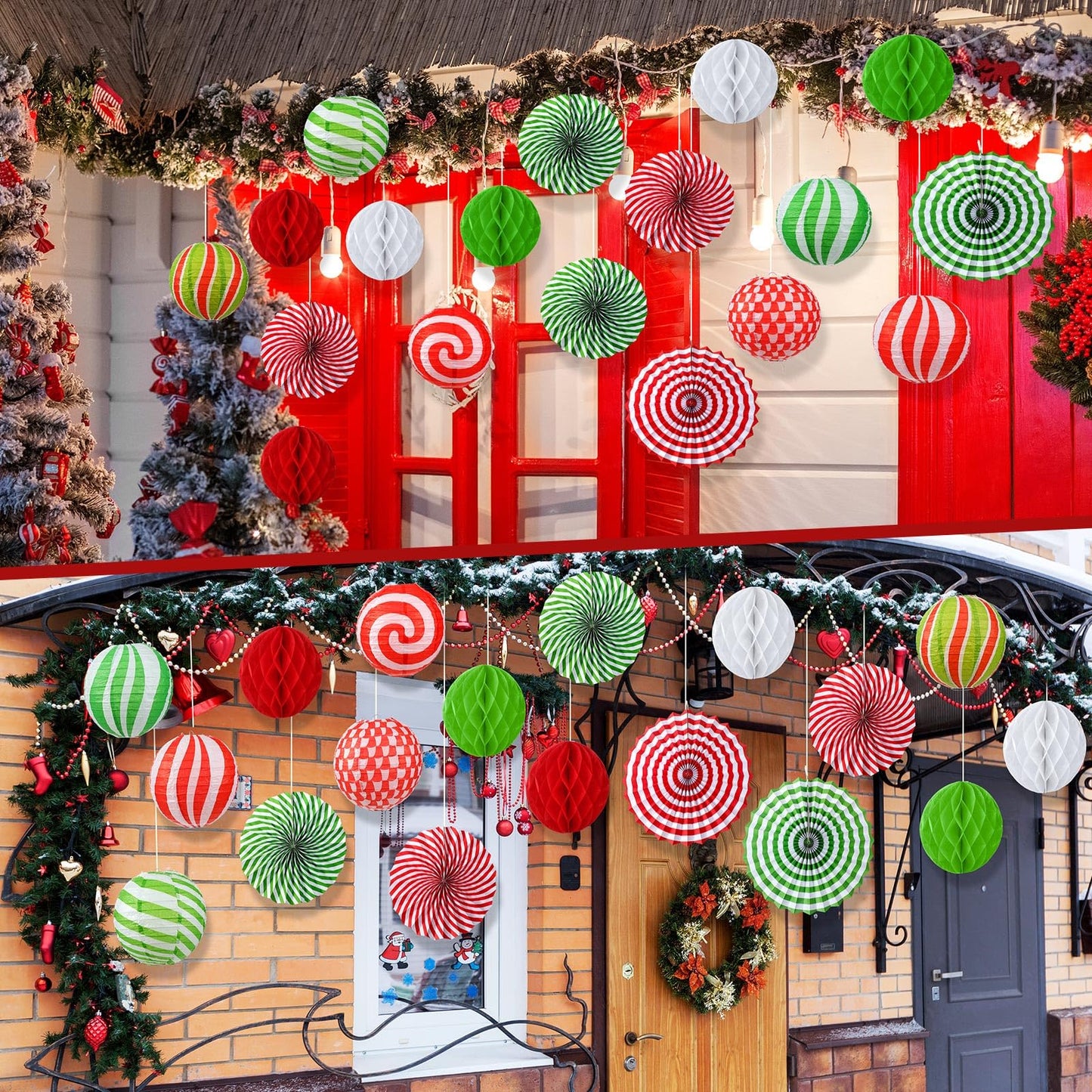 Retisee 18 Pcs Christmas Hanging Paper Lanterns Party Decorations Candy Canes Peppermint Paper Fans Xmas Hanging Honeycomb Ball Lanterns Ornaments for Christmas Winter Party Holiday Ceilings Decor