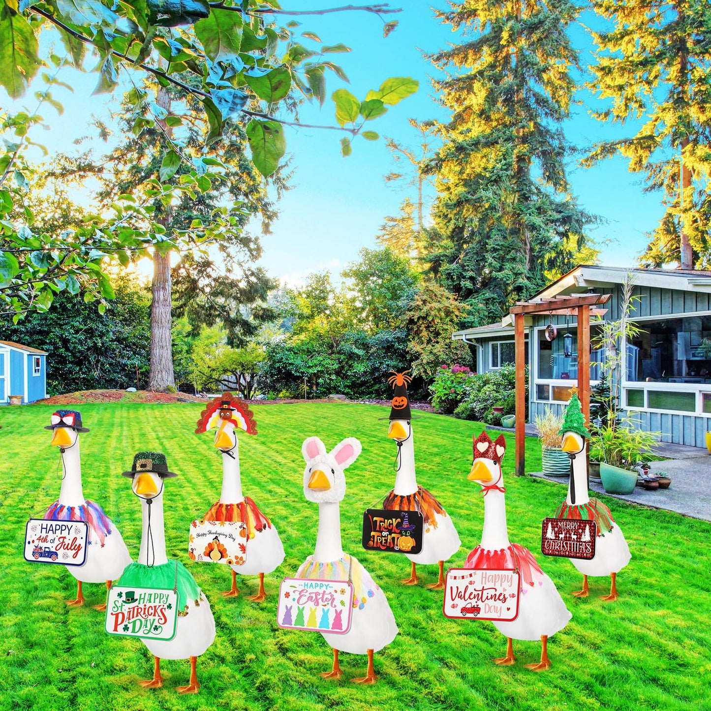 Silicherry 7 Set Holiday Porch Goose Outfits with Festival Wooden Sign 4th of July Halloween Christmas 23" Lawn Goose Clothing Hat and Tutu Collar for Lawn Patio Yard Decor