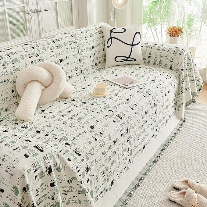 DREAMINGO Abstract Chenille Couch Cover Blanket Beige Green Black Boho Sofa