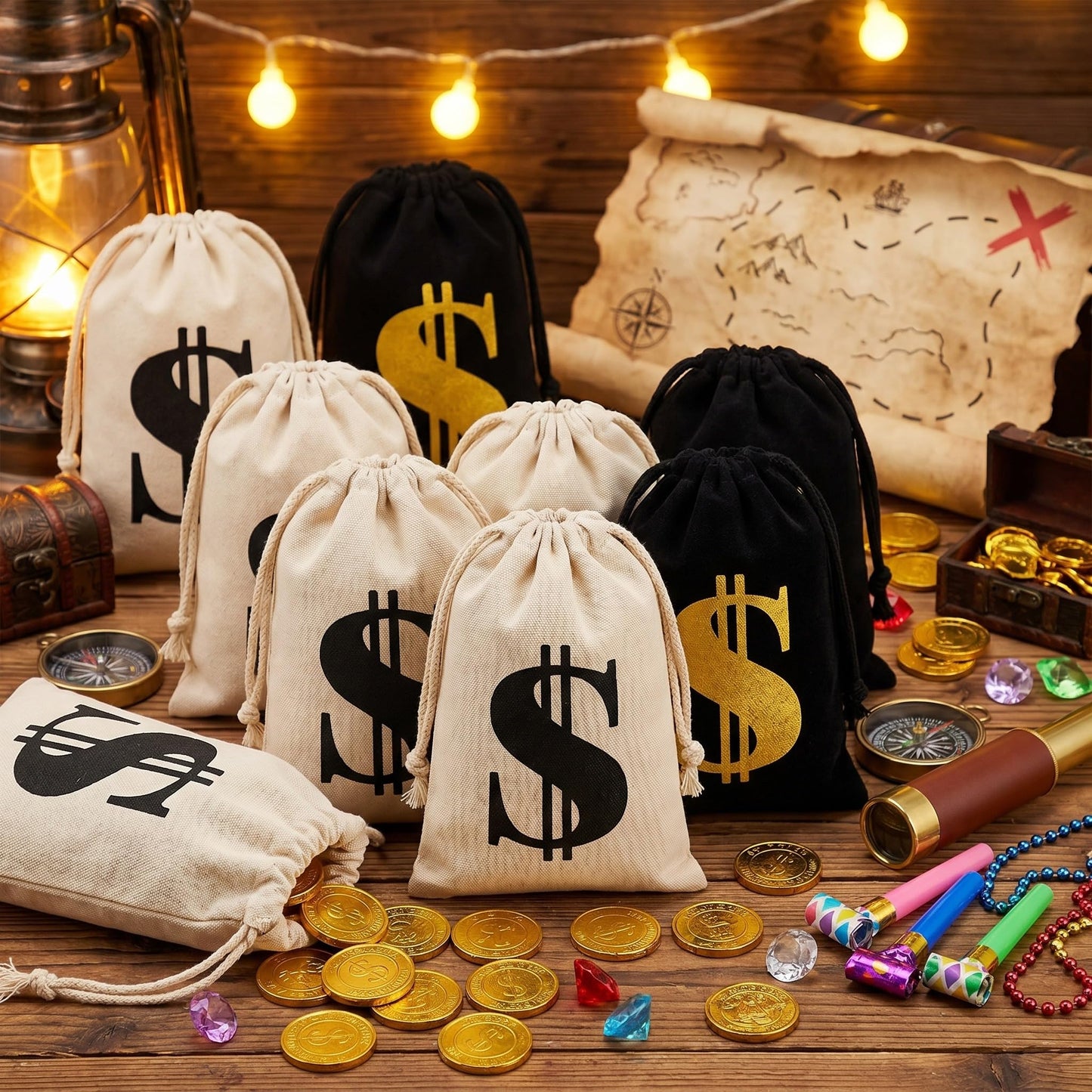 Shihanee 24 Pcs 9 x 6.3 Inch Canvas Money Bag with Drawstring Closure Costume Money Bag Pouch Dollar Sign Carrying Sack Prop for Party favor Bank Robber Pirate Cowboy Cosplay Theme Party (Beige,Black)