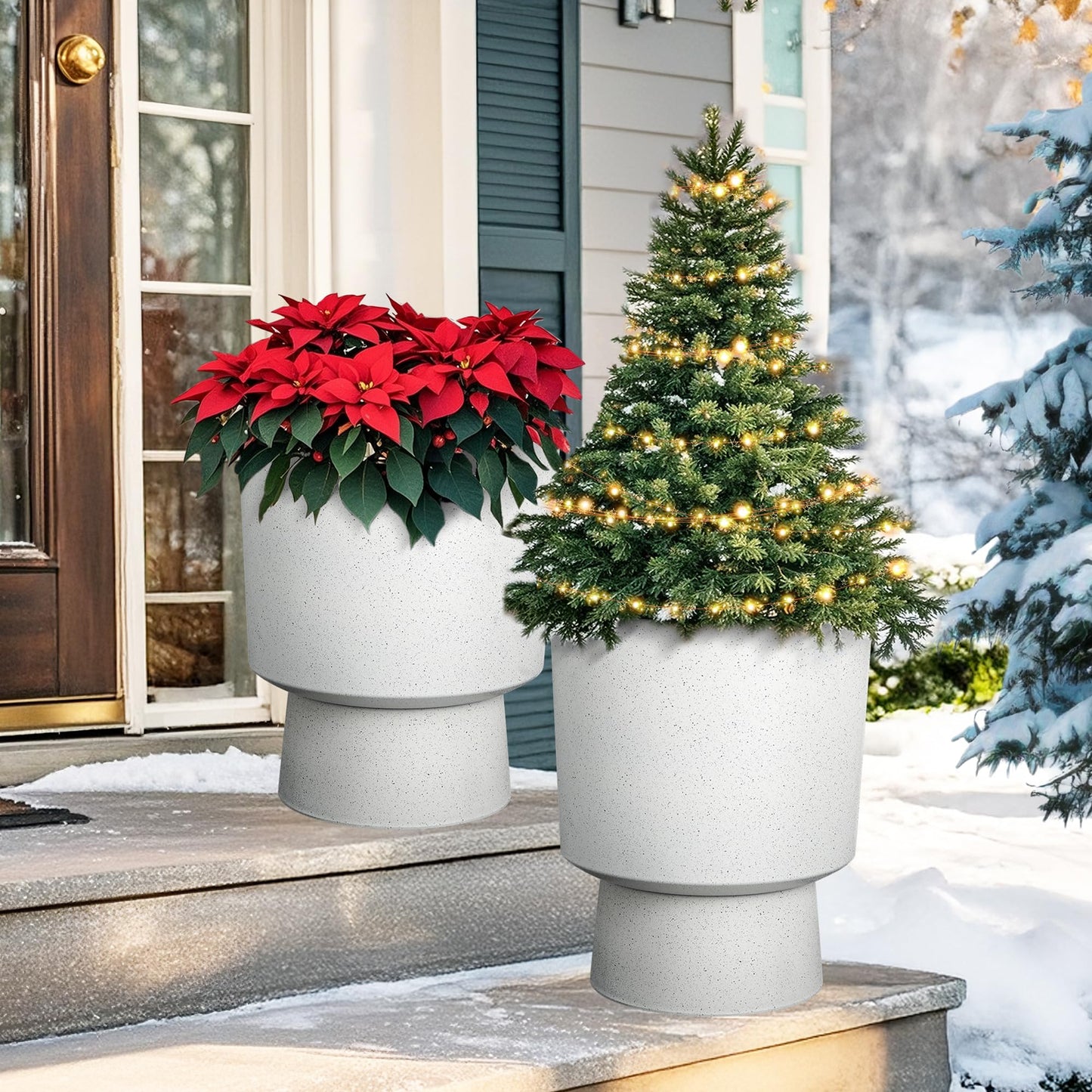 Autodaya 16.75" Tall Pedestal Planters Set of 2, Modern 2-in-1 White Terrazzo Urn-Style Flower Pots, UV-Protected Large Plant Containers for Indoor/Outdoor Garden Patio Balcony Decor