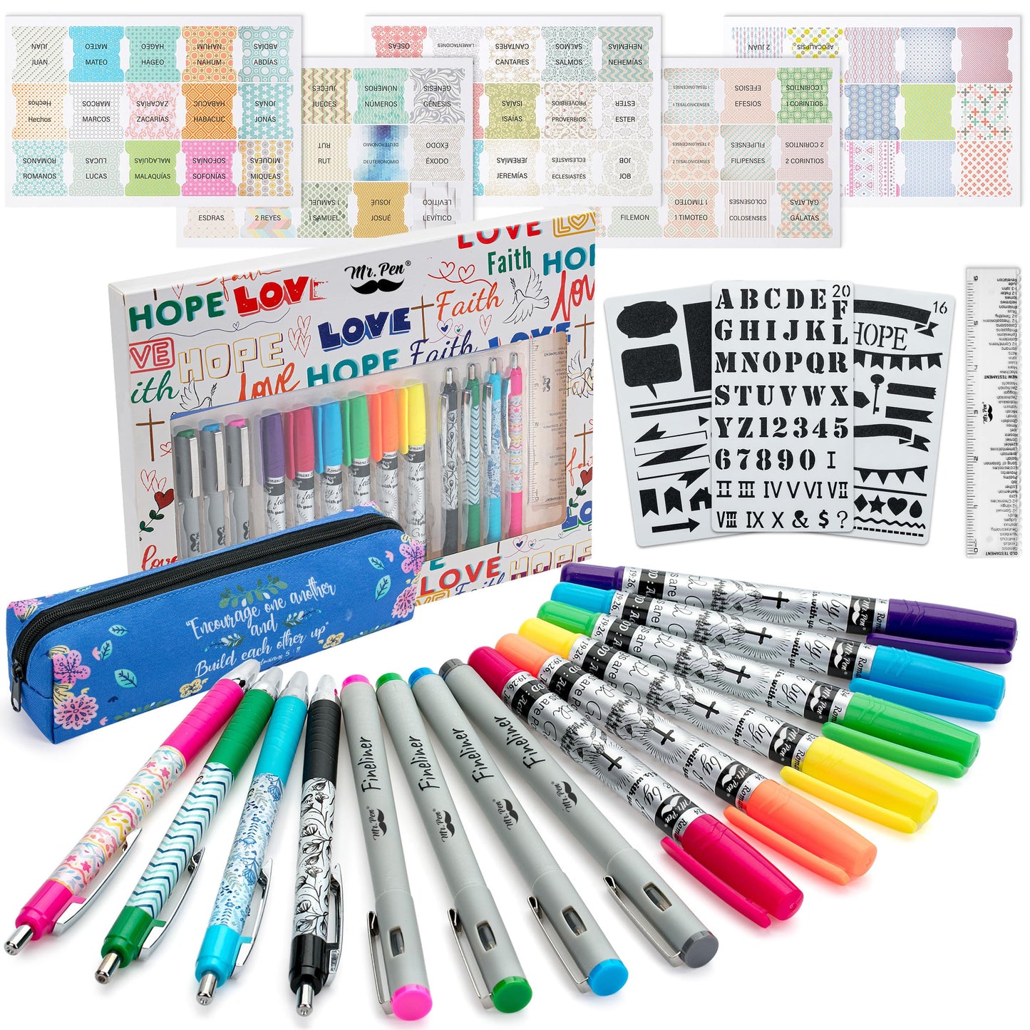 Mr. Pen- Bible Journaling Kit for Women, Bible Highlighters and Pens No Bleed, Tabs, Stencils, Ruler, Fineliners & Pencil Case for Devotions, Prayer & Christian Gifts