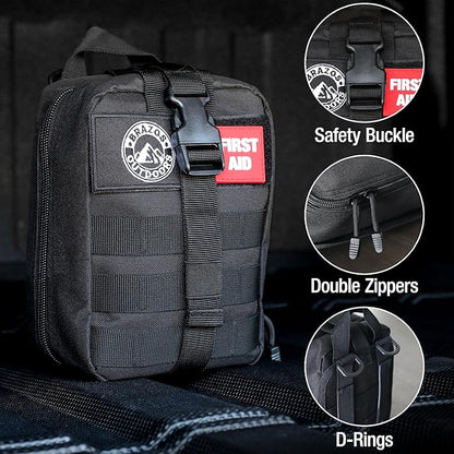 The Brazos First Aid Survival Kit, 250 Pieces, Hiking & Camping Essentials, Survival Gear and First Aid Combo for Emergency Preparedness, Lightweight, Portable, Tactical Clips & Closures, Black
