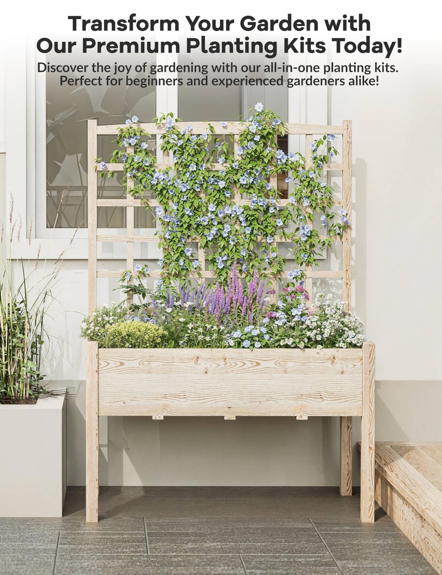 Elevated Garden Planter with Trellis - Tall Raised Bed with Legs for Climbing Vines, Vegetables & Flowers - Perfect for Patio, Balcony or Backyard, 46"x23"x65"