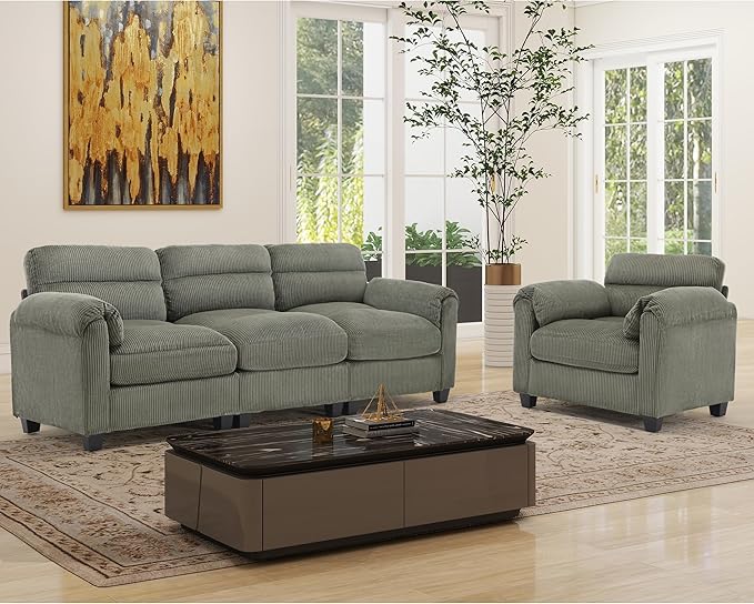 HAOMARKETS Corduroy Sofa Set, Upholstered Armchair and 3-Seater Couch