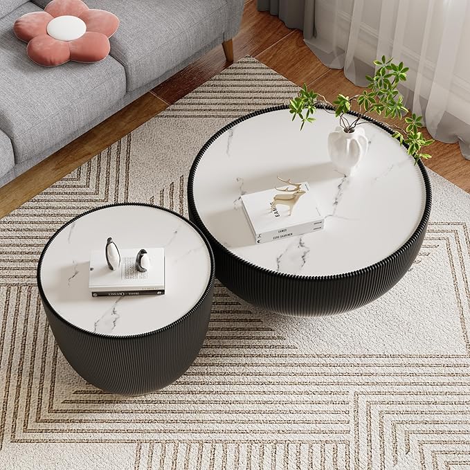 Round Marble Coffee Table Set of 2, 2 Piece Coffee Table and End Table