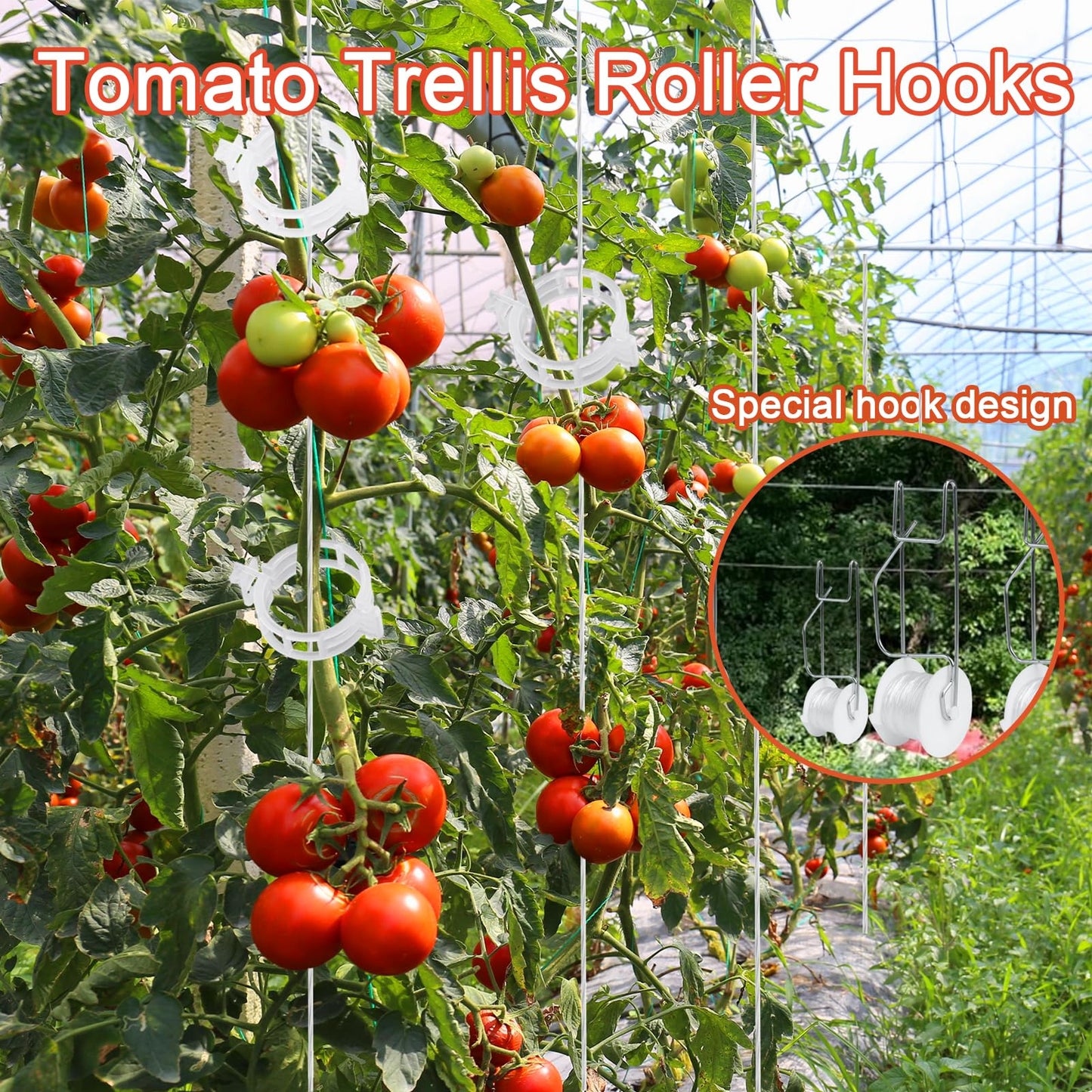 Hidbot Tomato Support Hooks with String,10 Pack Tomato Trellis Roller Hooks with 49.2FT String for Plant,Greenhouse Tomato Flower Vine Twine Crop Trellis Kit Tomato Plant Roller Hook