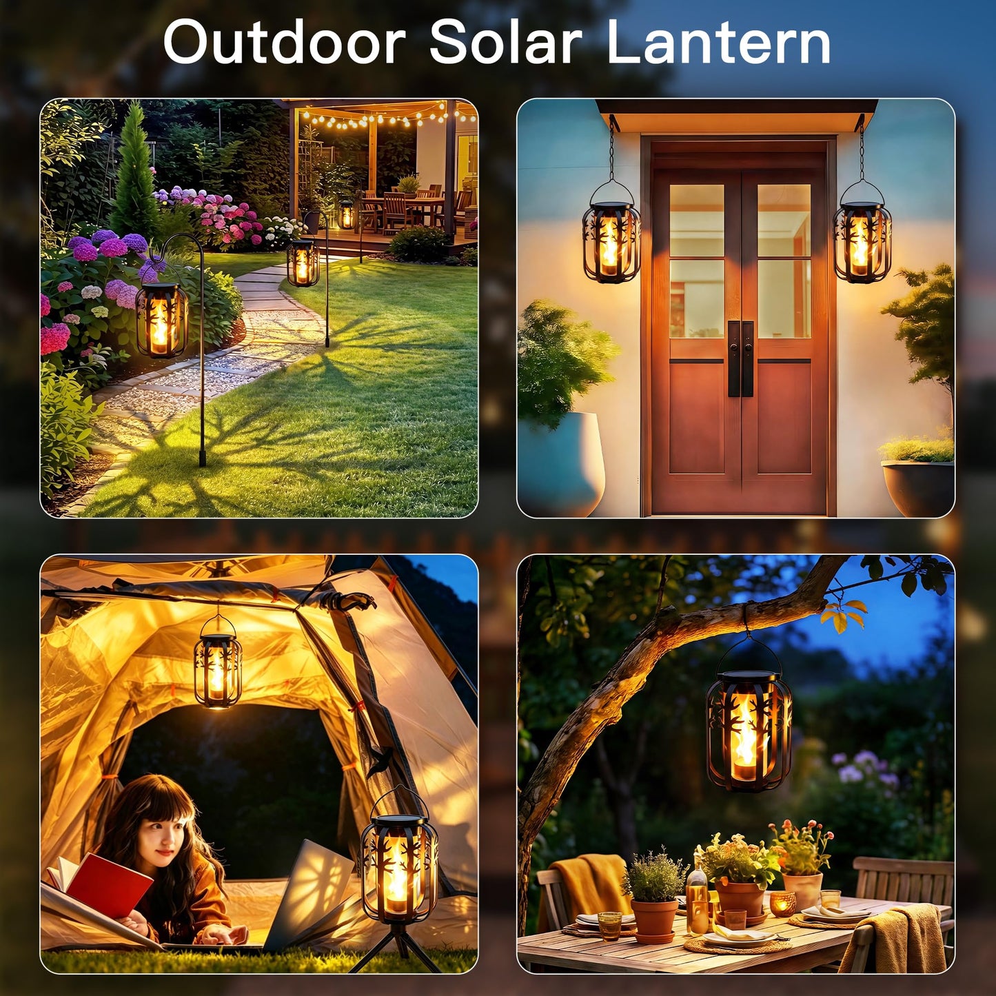 Ollny 2 Pack Solar Lanterns Outdoor Waterproof, Upgraded Flickering Flame Solar Lights Outdoor, Dual Charging (USB/Solar), 4 Modes Hanging Solar Lantern for Yard Patio Path Tree Garden Decor
