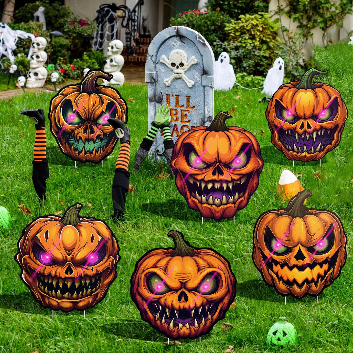 6 Pack Pumpkin Halloween Decorations Plastic Yard Signs with Stakes,Halloween Decorations Outdoor, Scary Silhouette with Glow in Dark Eyes for Outdoor Yard Lawn Garden