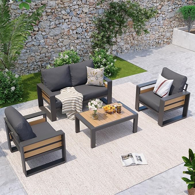 Aoxun Aluminum Patio Furniture Set, 4 Seats Sectional Metal Patio Furniture