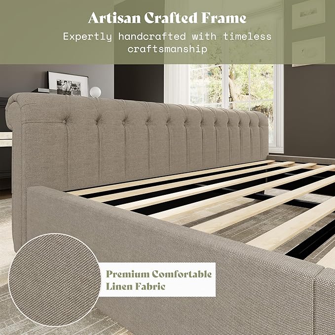 AMERLIFE King Size Platform Bed Frame, Linen Upholstered Sleigh Bed
