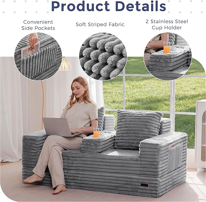 MAXYOYO Loveseat Sofa Bed, Striped Faux Fur Foldable Floor Sofa Couch in A Box