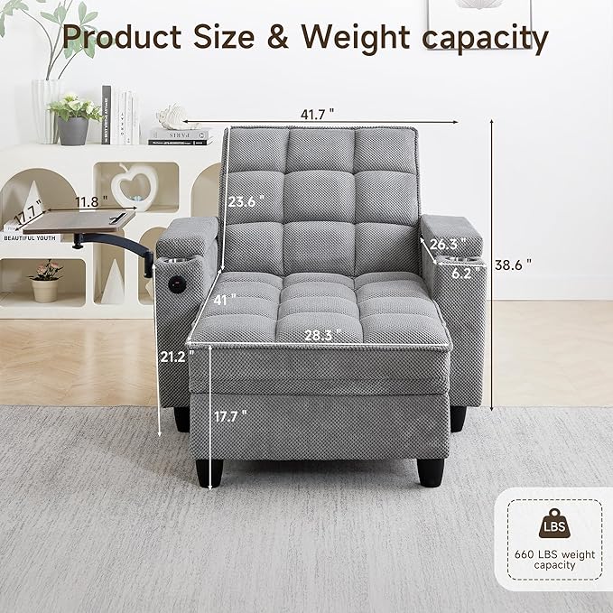 Oversized Recliner Chair with Swivel Tray Table, Modern Tufted Linen Fabric