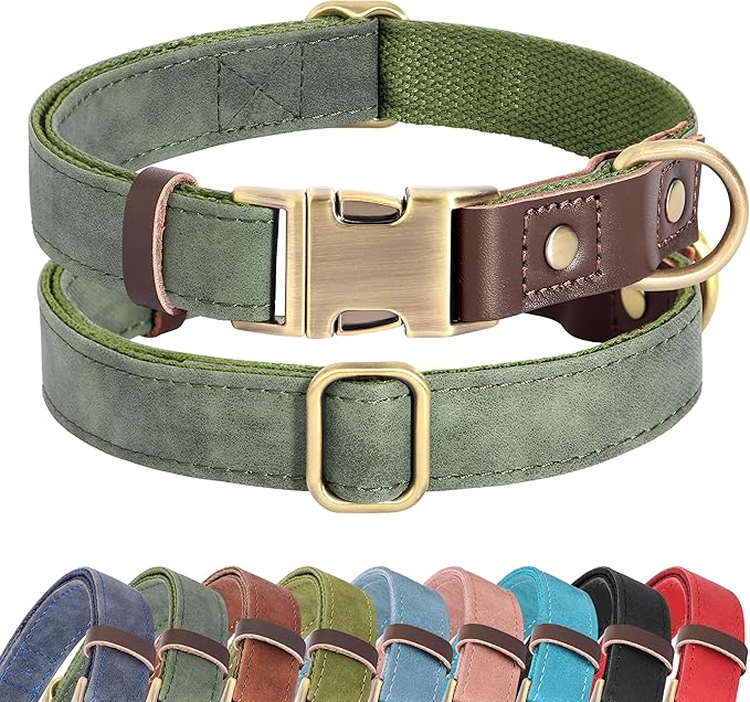Didog Soft PU Leather Dog Collar for Large Dogs,Classic Adjustable Dog Collars with Quick Release Metal Buckle,Easy Clean and Comfortable with Nylon Lining,Green,L Neck 16-23"
