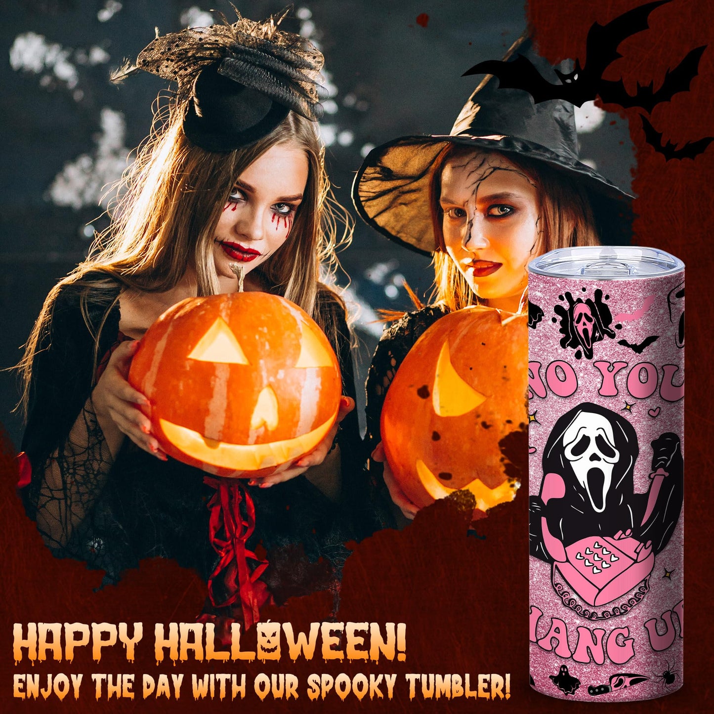 Pink Spooky Cute 20oz Skinny Tumbler, Halloween Horror Aesthetic Stainless Steel Travel Mug with Lid, Insulated Coffee Cup Gift for Women Teens