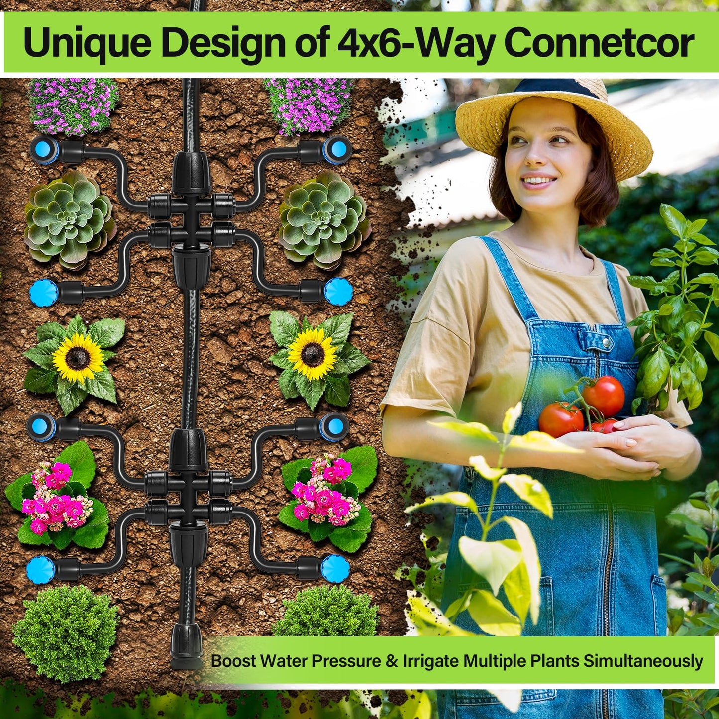 Bonviee 50FT 5/16” Drip Irrigation Mainline Tubing with 4-Way Push-to-Connect Couplers (4 Pack) – Compact DIY Garden Irrigation Distribution System for Misting, Raised Beds & Small Spaces