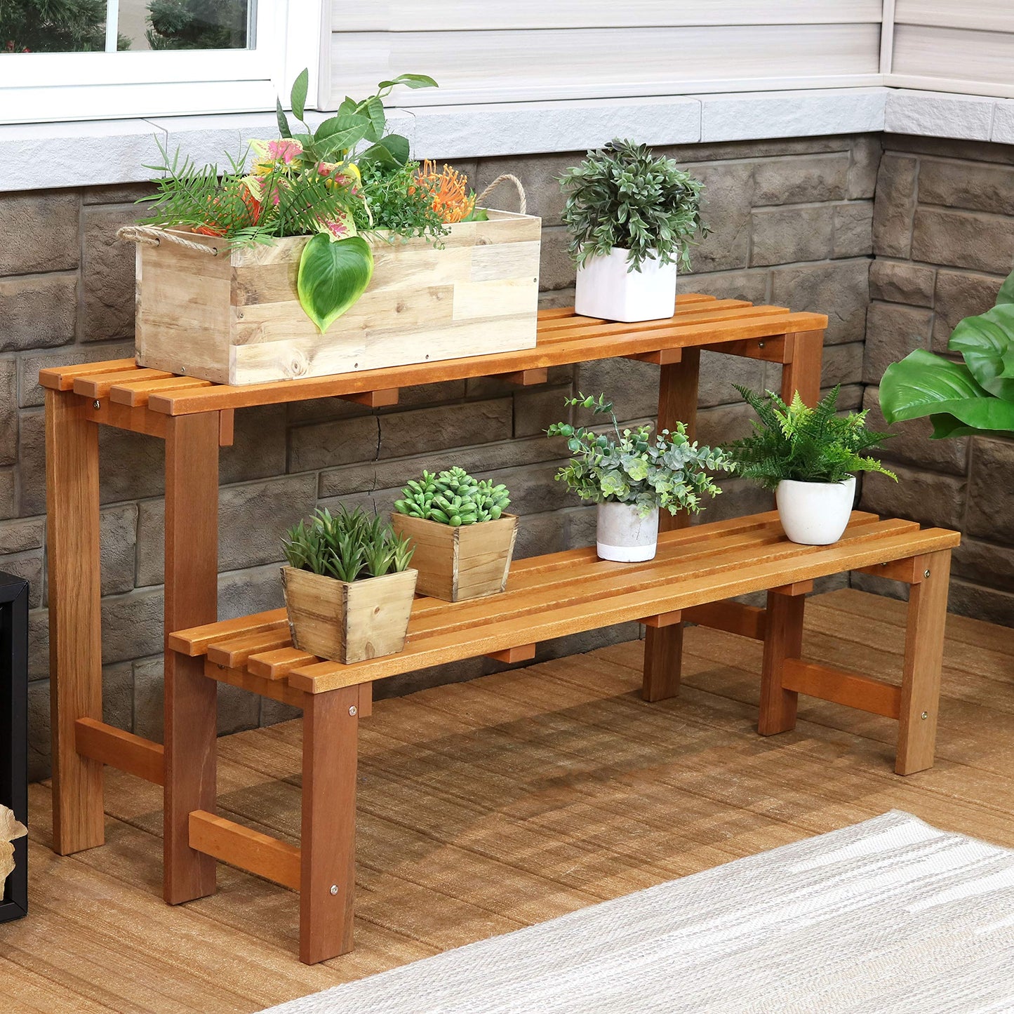 Sunnydaze 2-Tier Meranti Wood Plant Stand for Indoor and Outdoor Use - Garden Shelf with Teak Oil Finish for Patio, Porch, Balcony, and Living Room - Heavy Duty 100 lb Per Level Capacity - 47 in
