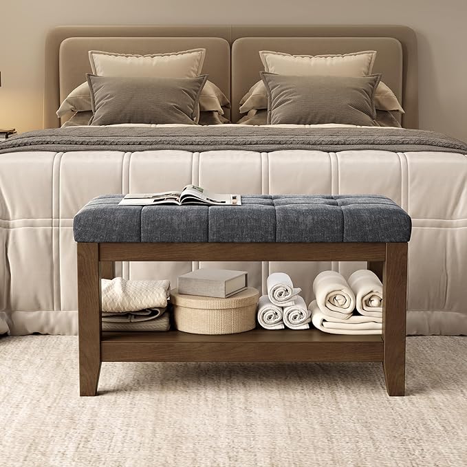ABHENG Solid Rubber Wood Shoe Bench, Soft Chenille Material Upholstered Seat