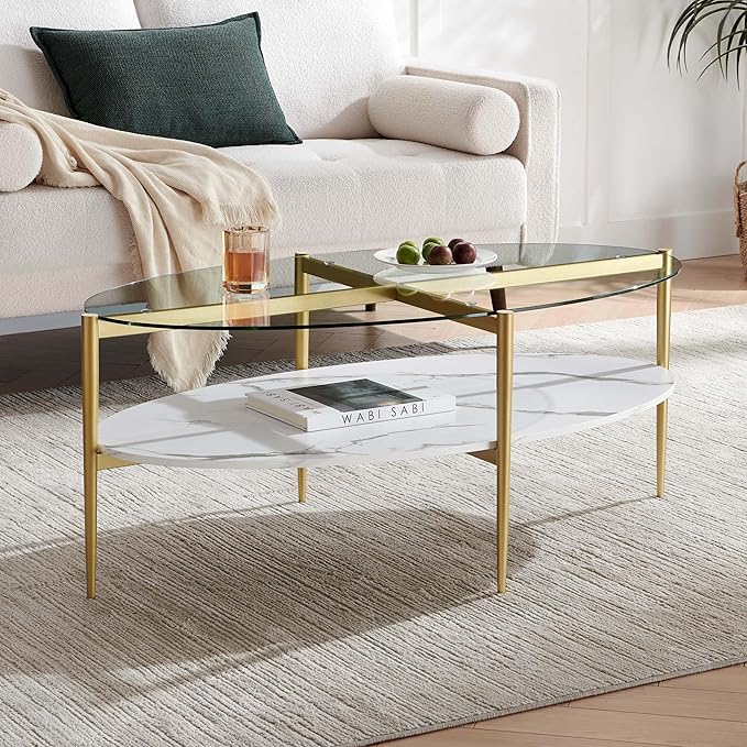 LumFurn Oval Glass Coffee Table, Mid-Century Modern Design, L43 x W22 x H17 inch