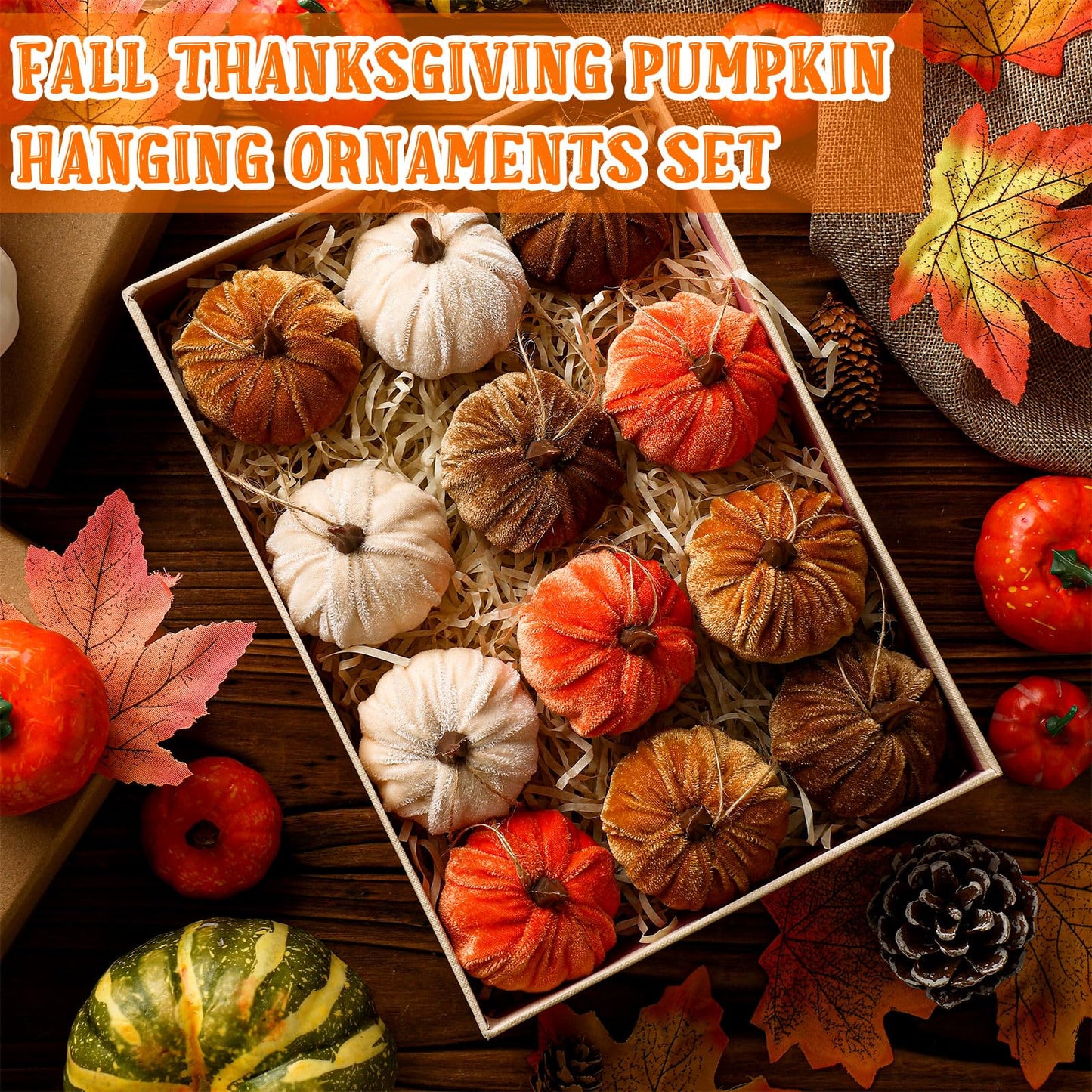 Vercraft 12 Pcs Thanksgiving Pumpkin Hanging Ornament 2 Inches Velvet Thanksgiving Fall Tree Decorations Fabric Small Tree Decorations for Farmhouse Harvest Autumn Home Party Decor(Neutral)