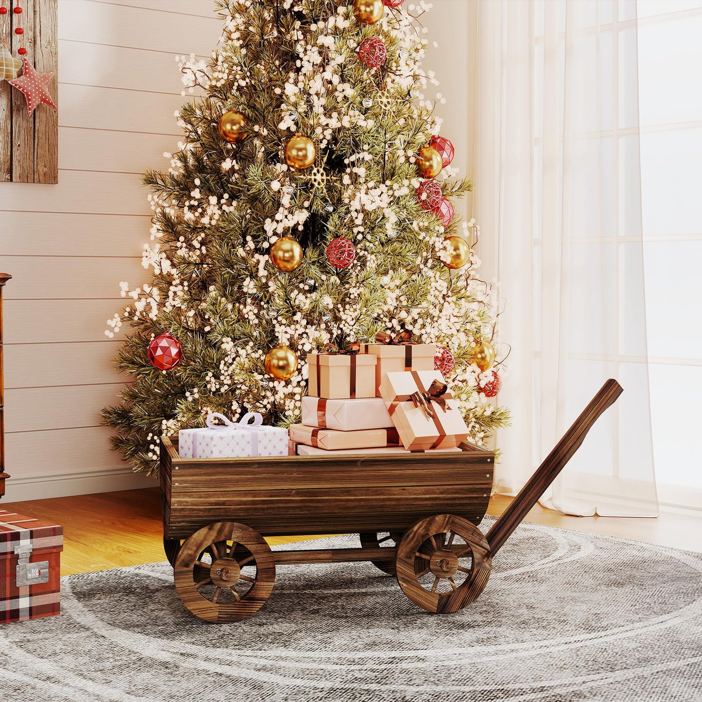 Outsunny Wooden Wagon Planter Box, Mobile Garden Planter with 4 Wheels and Handle, Small Wheelbarrow Wagon Flower Cart with Drainage Hole for Outdoor Patio, Garden, Balcony