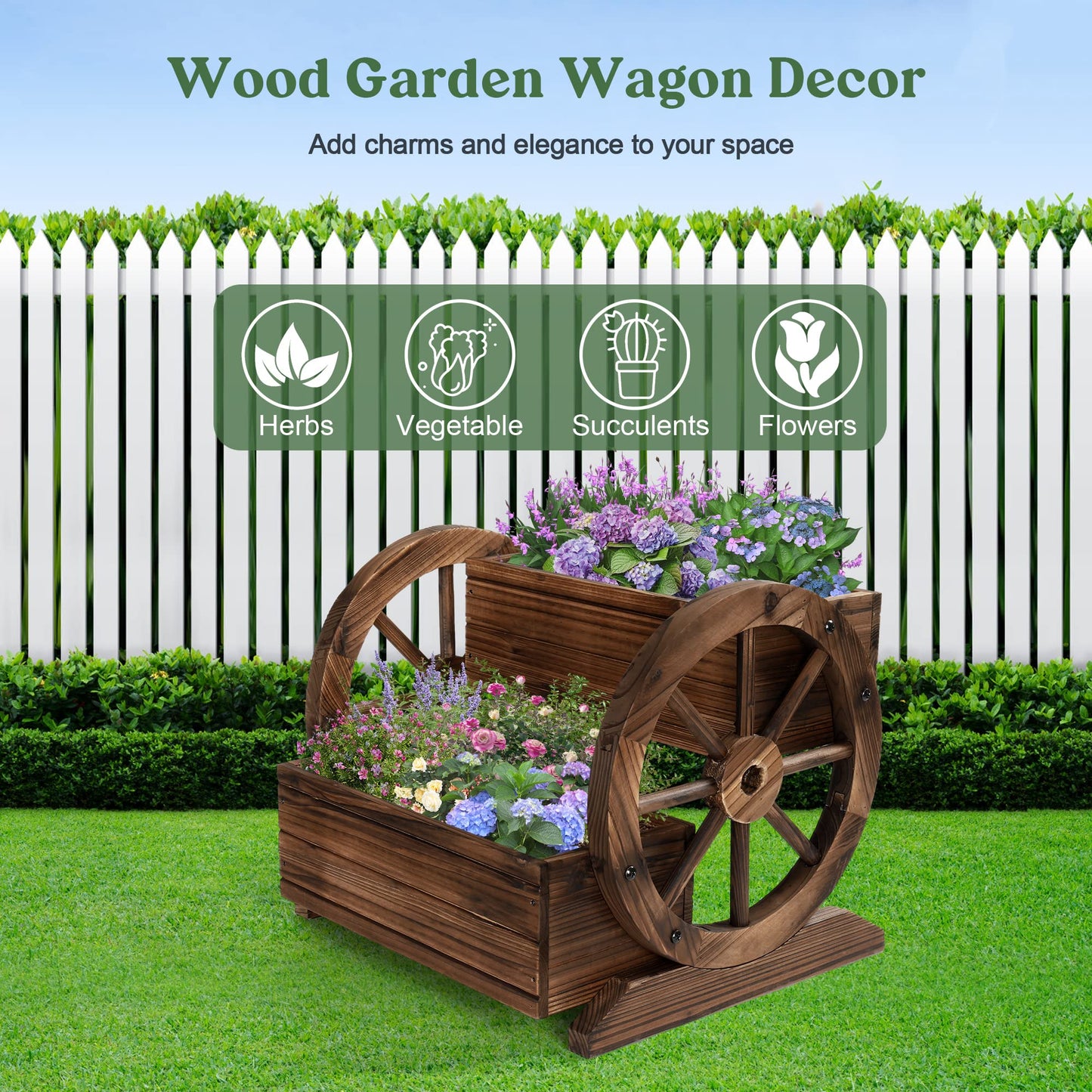 OIPRTGFJ Wooden Wagon Planter Box Garden Planter with Wheels (2-Tier Planter Box-2PCS)